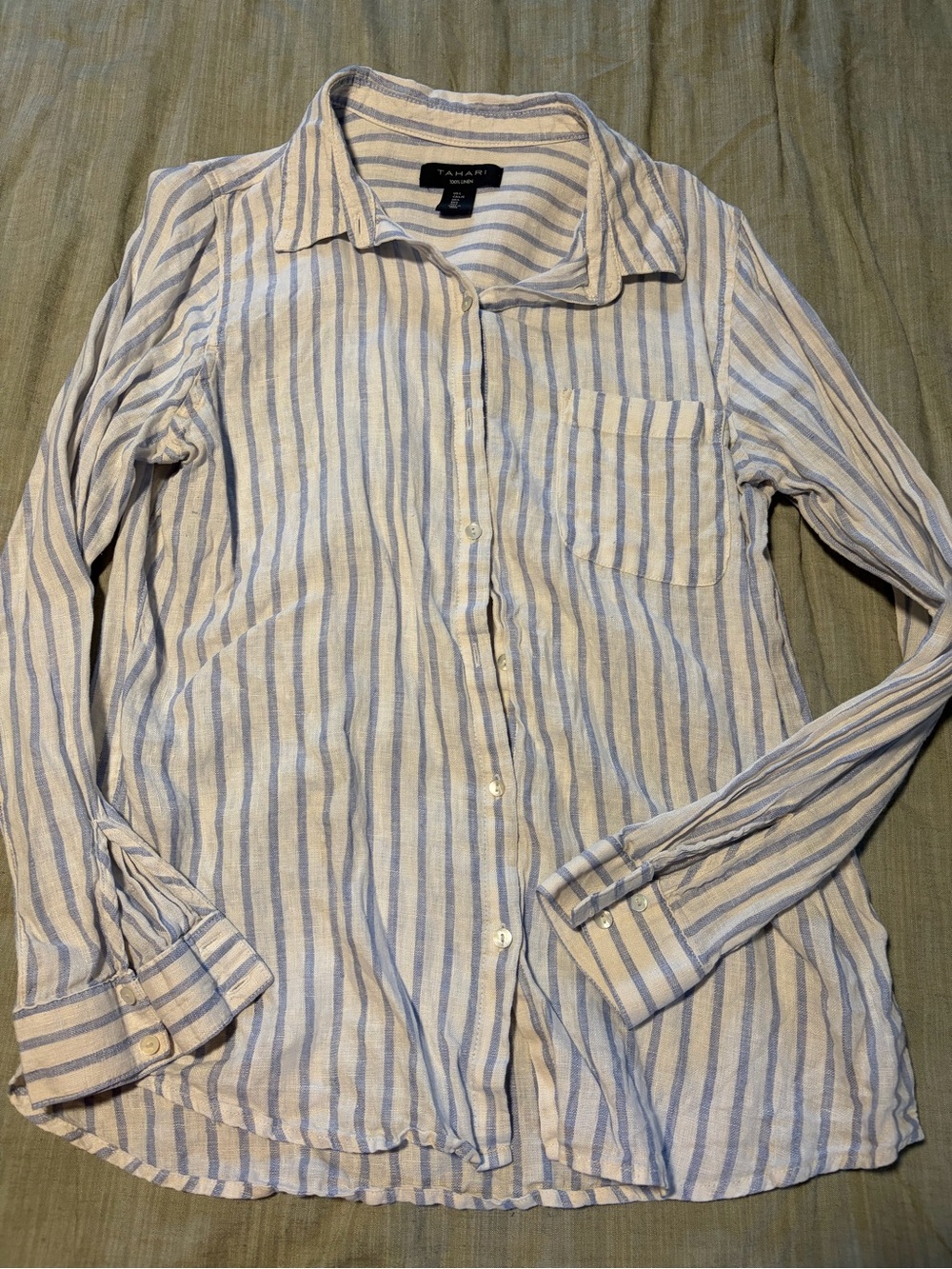 Tahari Light Blue & White Striped Casual Linen Button-Down Shirt